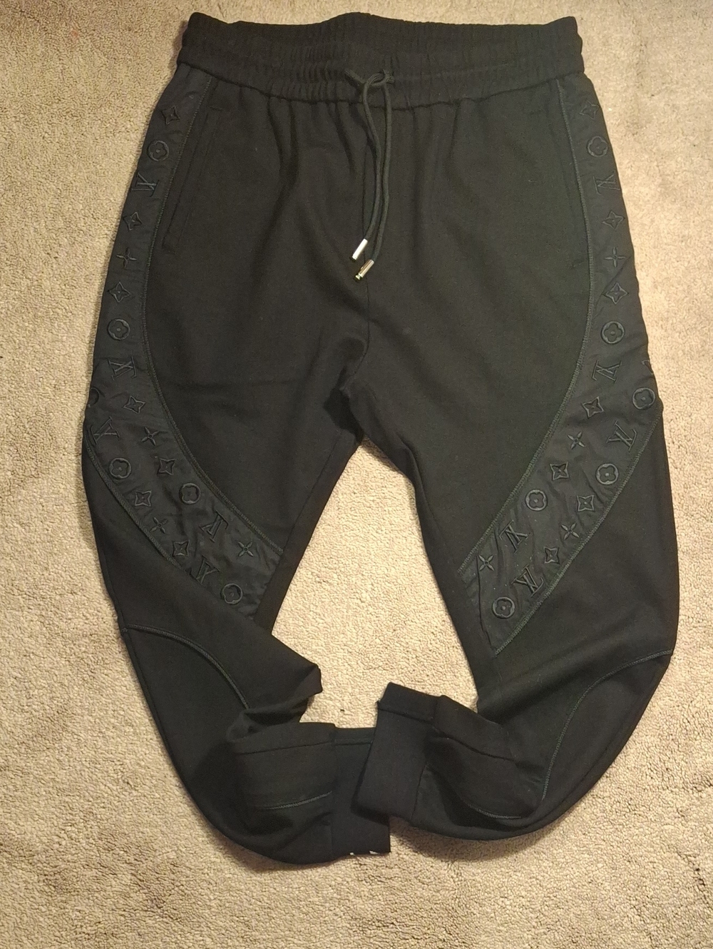 LV Black Men's Jogger Pants with Embossed Side Panels